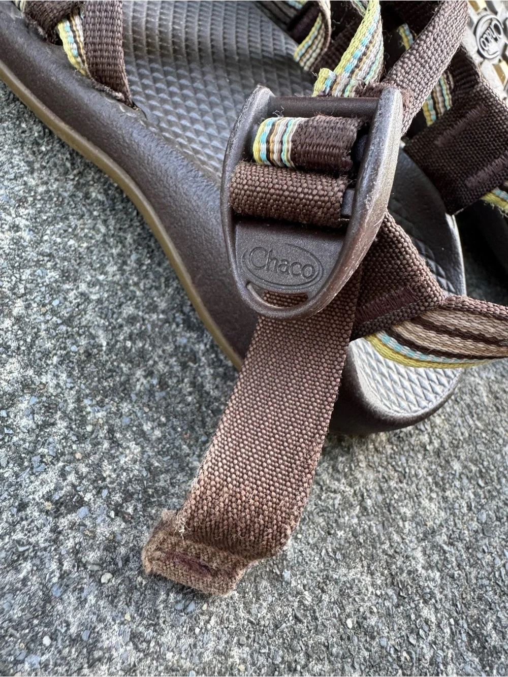 Chaco Kids Brown Sandals with Yellow and Green Stripe Size 1 No Toe Strap